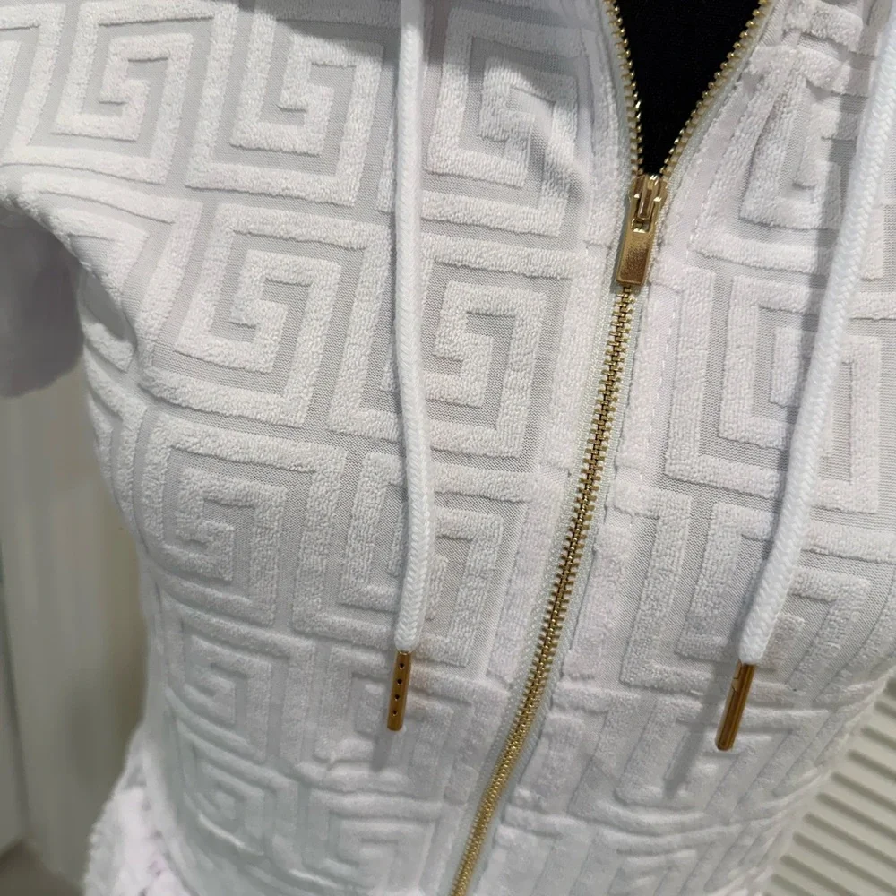 2 piece White Hooded short set with Gold Accents - Picture 2 of 11